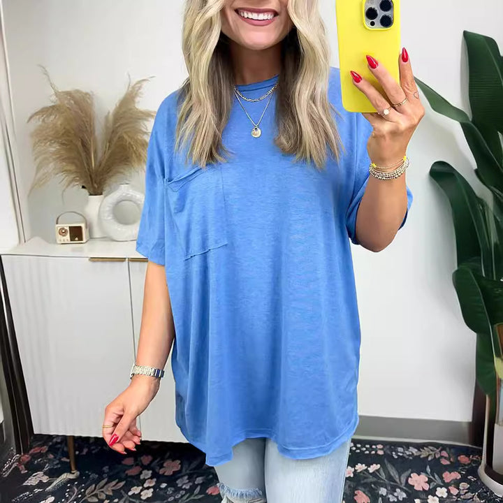 Dame behagelig oversized T-shirt med brystlomme i let stof Stilla