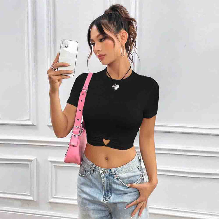 Dame cropped T-shirt med hjerteformet knude Skovae