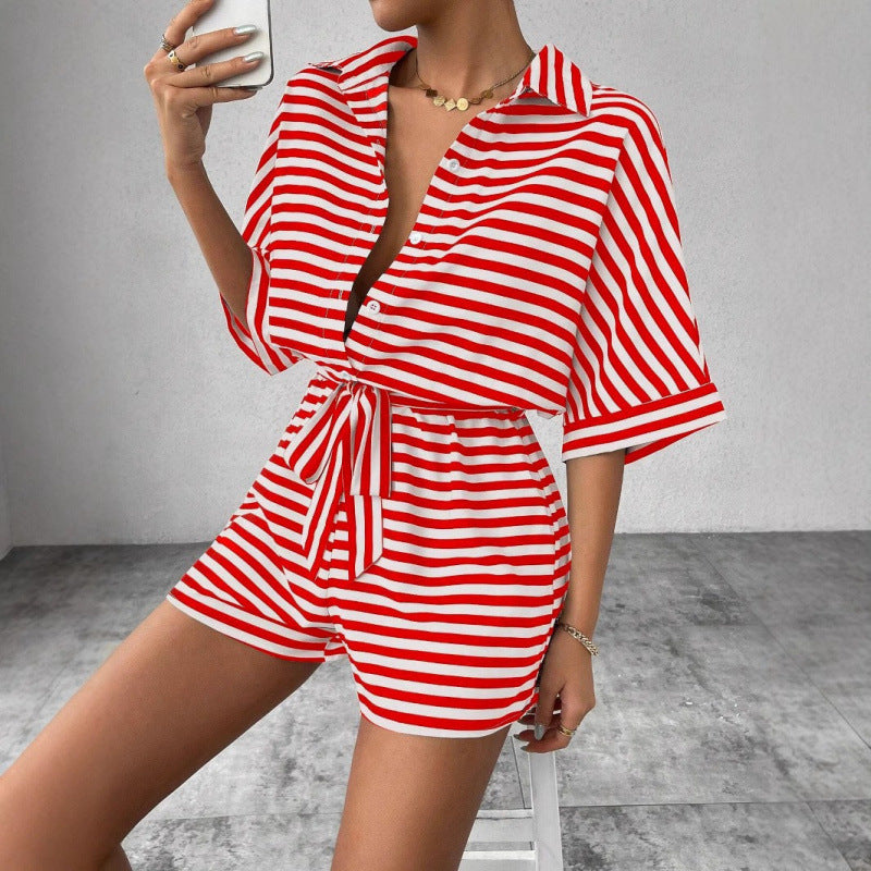 Dame Boxy-shirt og shorts-sæt med stribet design Stilla