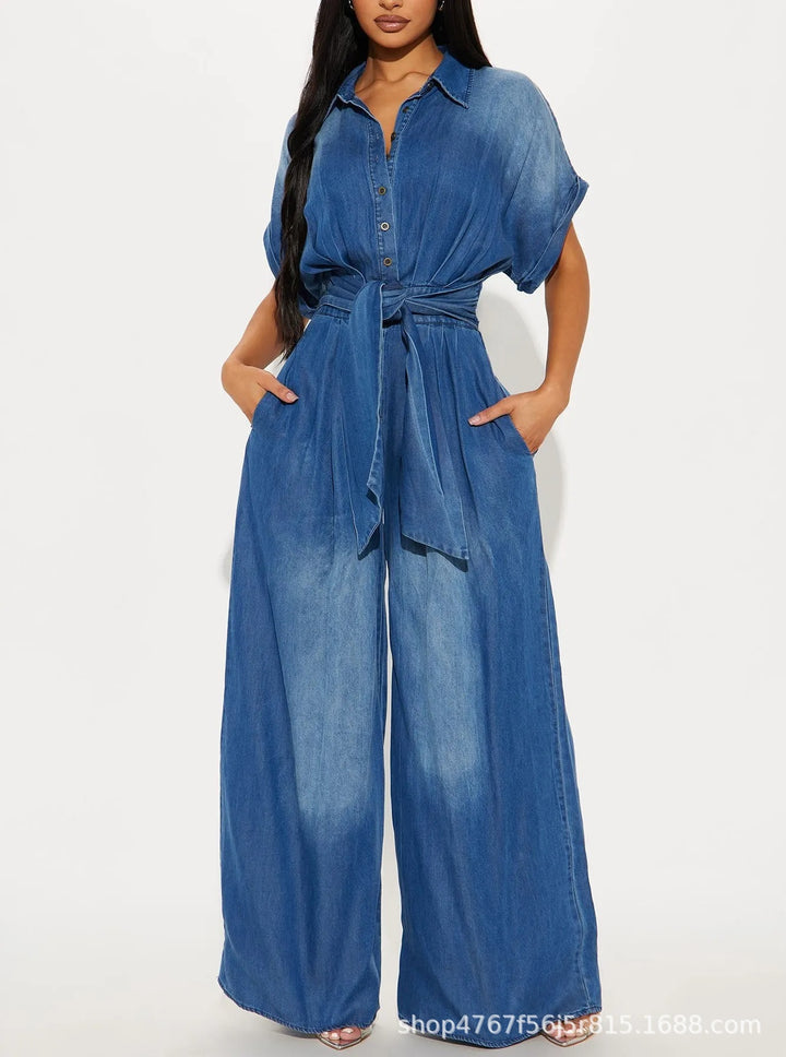 Dame afslappet denim-overall med vidde ben og praktiske lommer Stilla