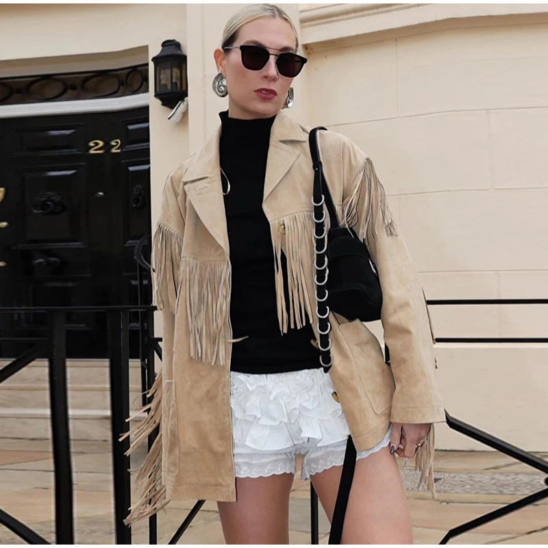 Dame Mode Suede Jakke med Frynser Stilla