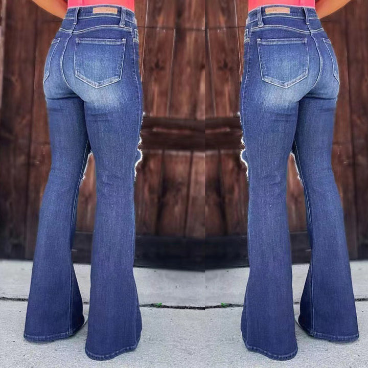 Dame udvidede jeans med fashionable beskadigede effekter og høj talje Skovae