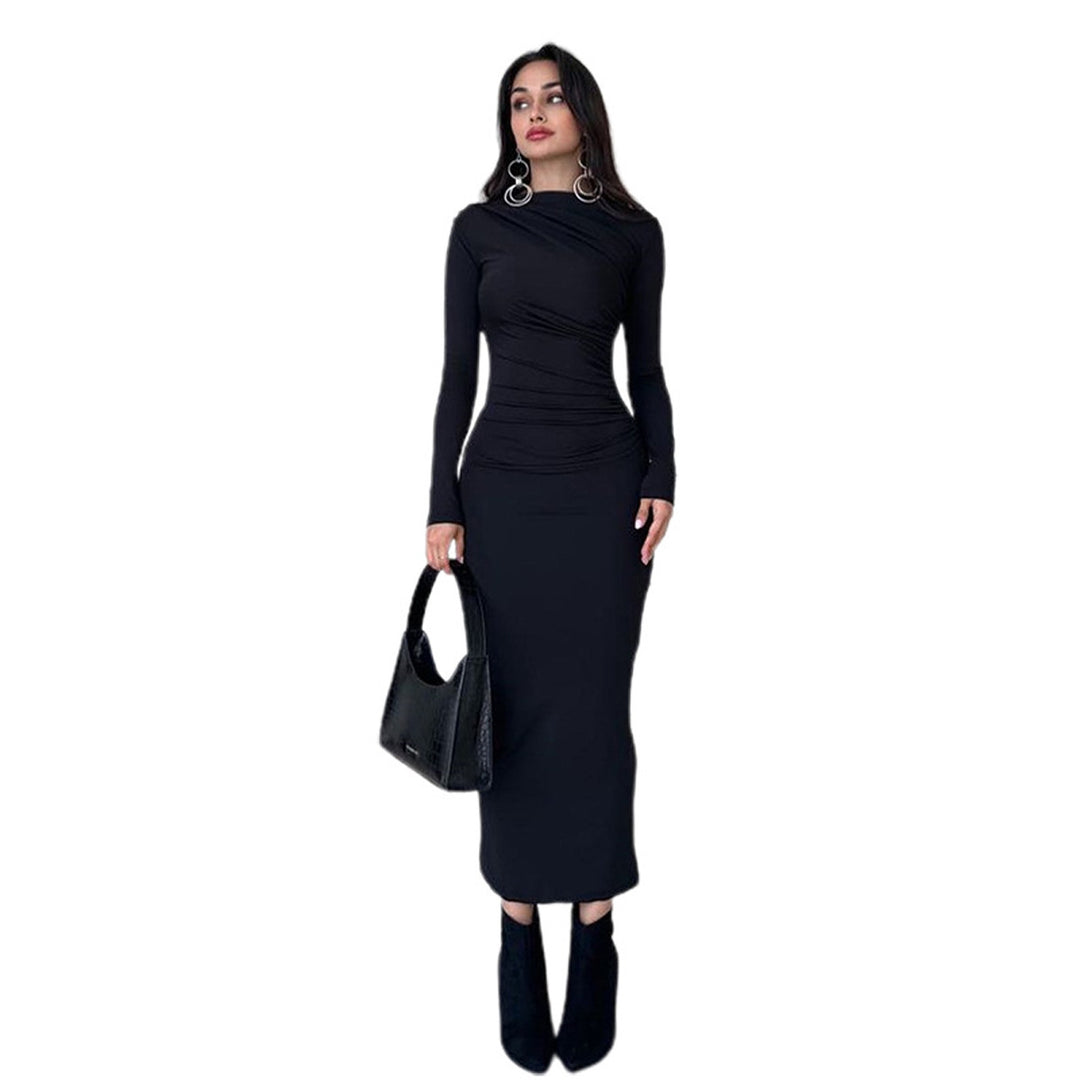 Dame elegant Langærmet Midi-Kjole med raffineret drapering Stilla