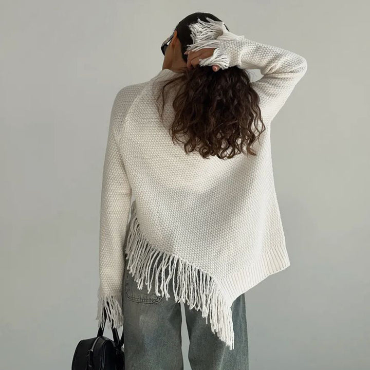 Kvinders tykkestrikkede sweater med frynser Stilla