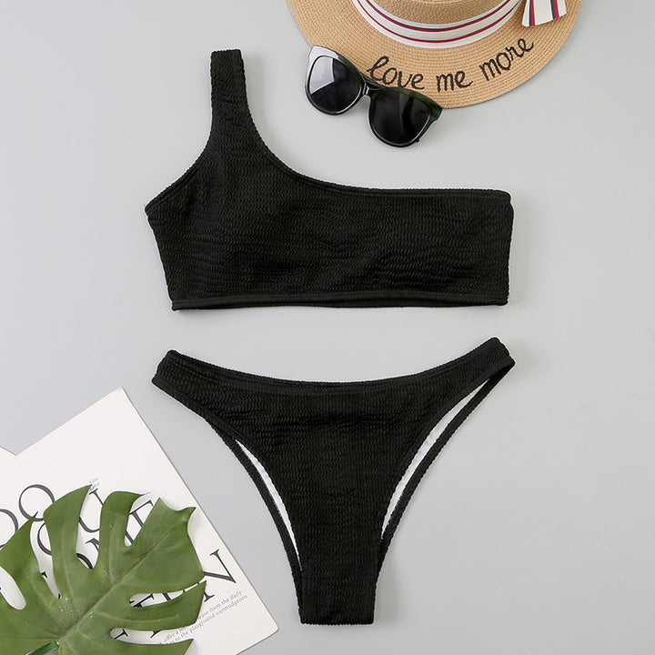 Femme Ribbetrik En-skulder Bikini Sæt Stilla