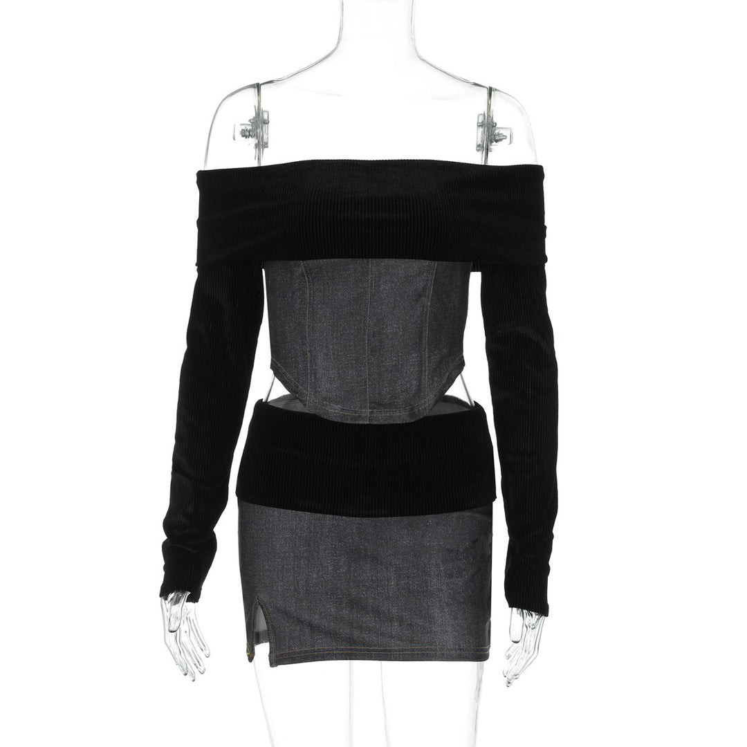 Dame Off-Shoulder Sæt med figursyet overdel og kort jeansskørt Stilla