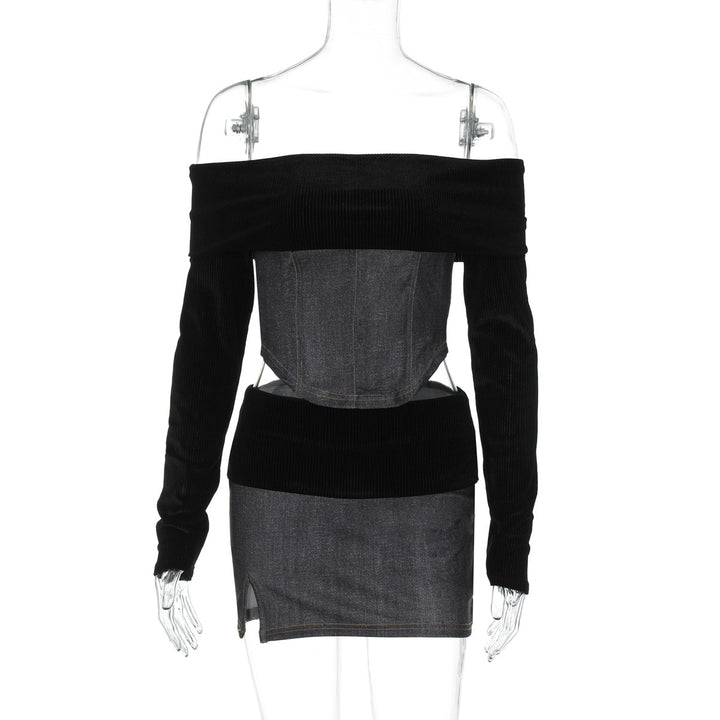 Dame Off-Shoulder Sæt med figursyet overdel og kort jeansskørt Stilla