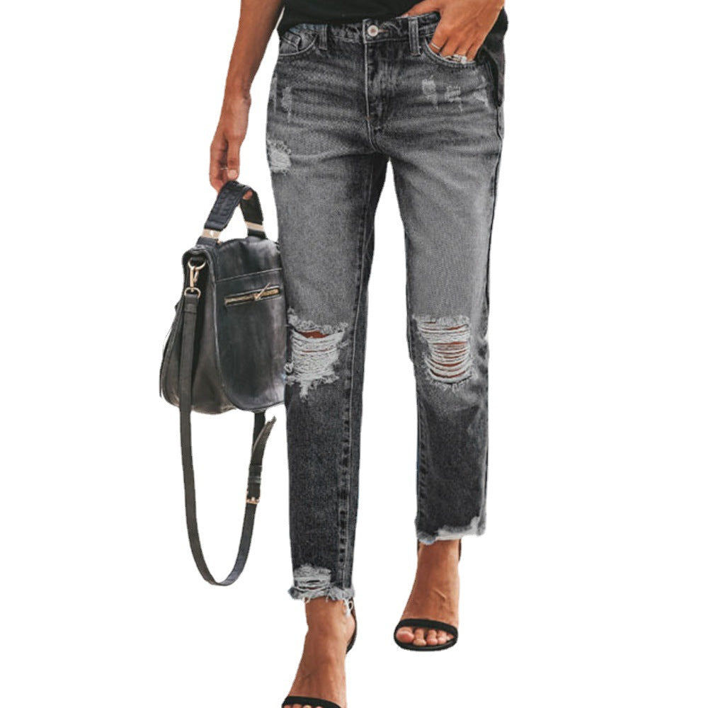 Dame Slim Fit Jeans med destroyed-detaljer og høj talje Stilla
