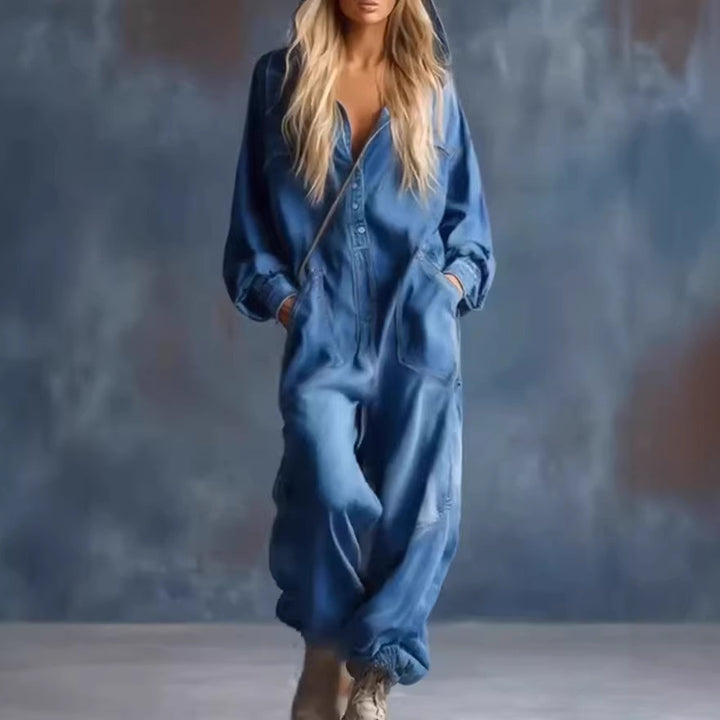 Kvinders afslappede denim jumpsuit med hætte og praktiske lommer Stilla