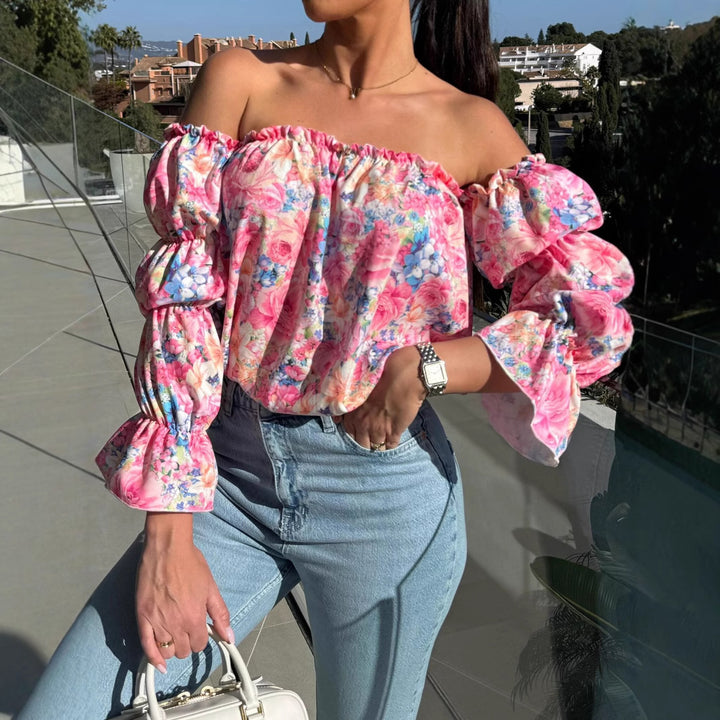 Dame Off-Shoulder Bluse med voluminøse ærmer og blomstret mønster Stilla