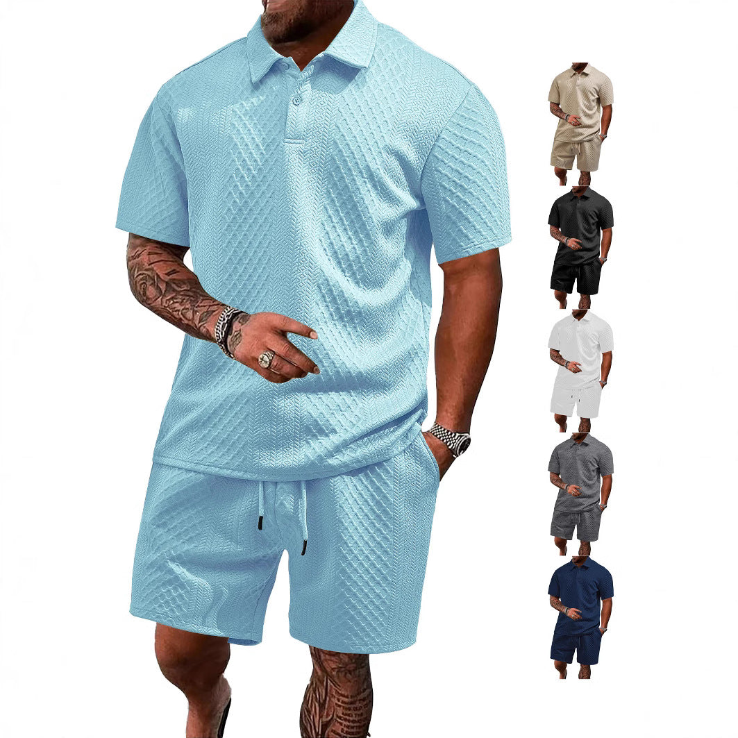 Herrer nan struktureret polo-shirt- og bermuda-shorts-sæt fra quiltet bomuldsblanding Skovae