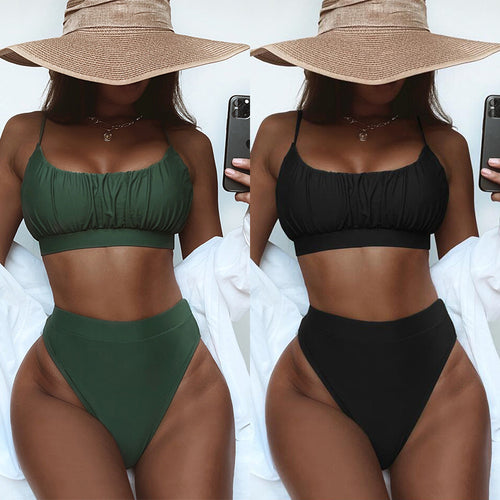 Dame Høj taljeret Bikini-sæt med rynket top og elastisk bånd Stilla