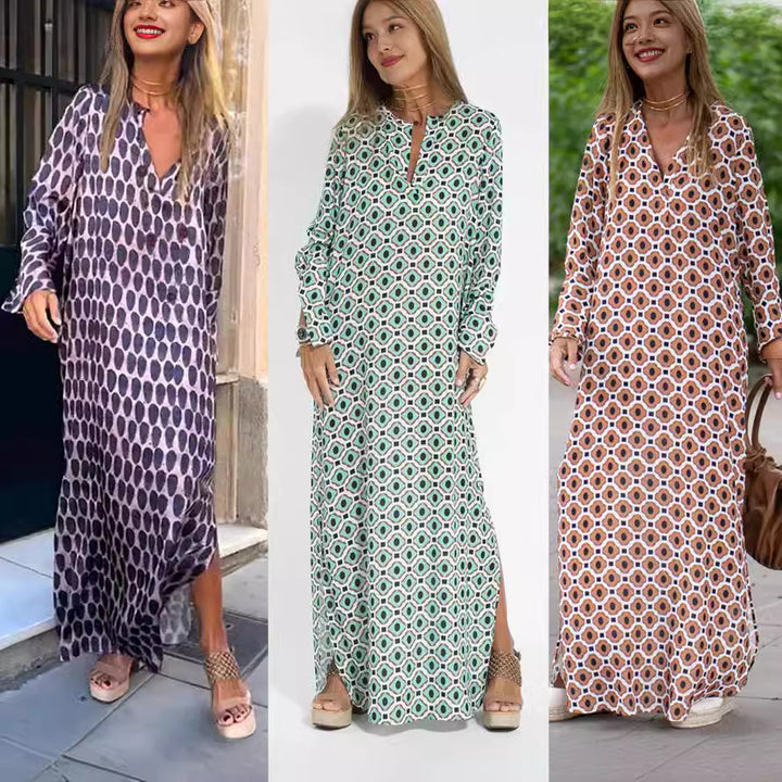 Dame Maxikjole med elegant geometrisk mønster og stilfuld V-udskæring Stilla
