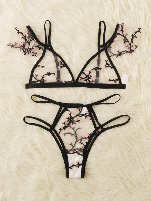 Damer Gennemsigtig Blomster Spids-Bralette og String Sæt Stilla
