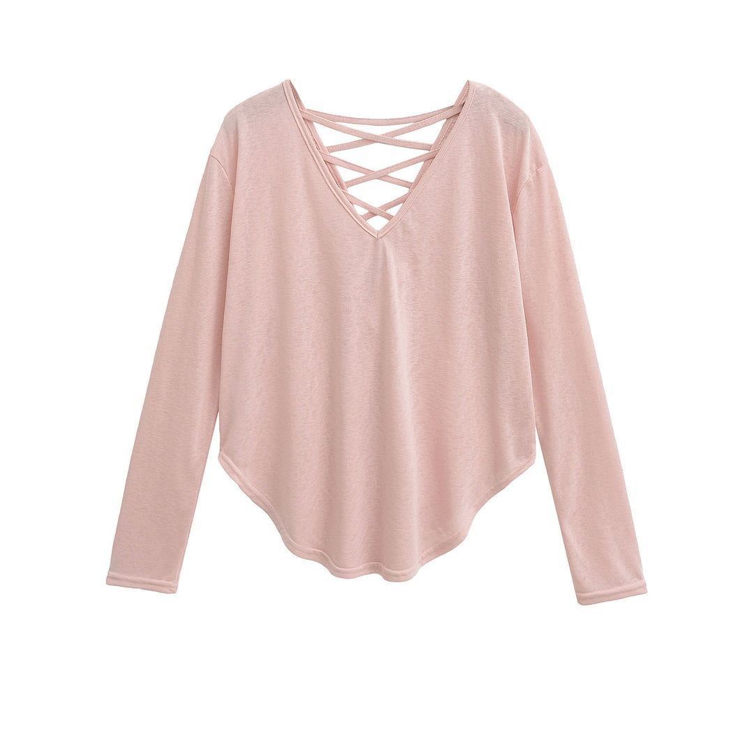Dame langærmet shirt med dyb V-udskæring og elegant snøredetail Stilla