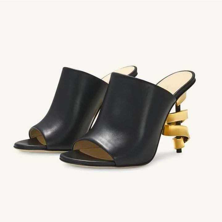 Femme Open-Toe Højhælede Mules med skulpturel metallic Hældesign Stilla