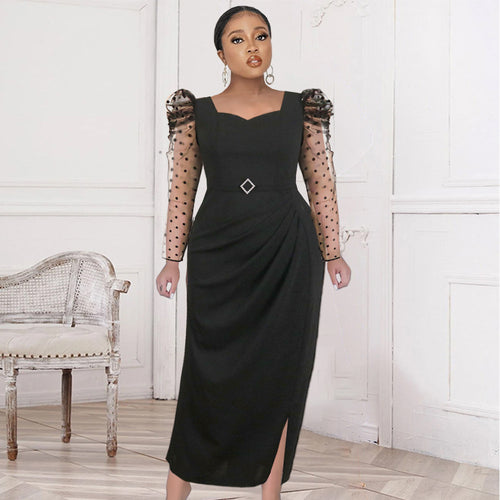 Dame elegant midi-kjole med transparente puffærmer og delikat rynkeaccent