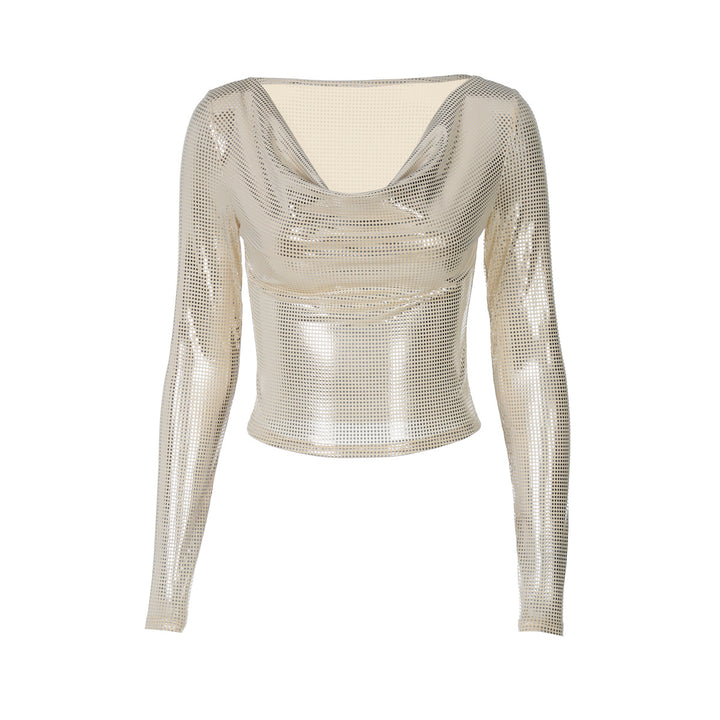 Dame Elegant Langærmet T-shirt med indvævet mesh og raffinerede draperinger Stilla