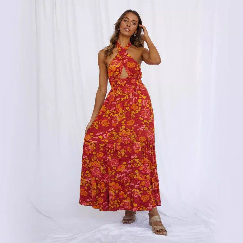 Dame Floral Halter Maxi Kjole med Høj Slids Stilla