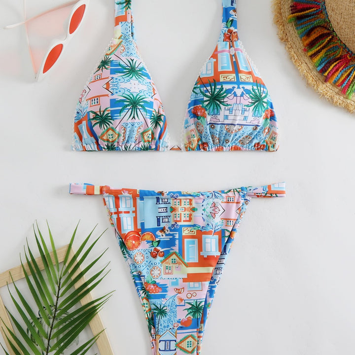 Damer Triangel-Bikini med kreative tropiske mønstre og justerbare stropper Stilla