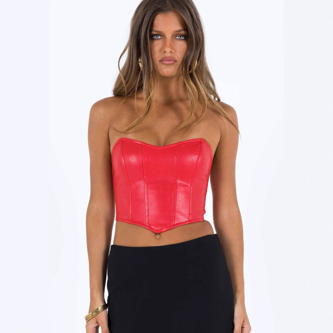 Damer Cropped Top med kunstnerisk knude og struktureret kunstlæder Skovae