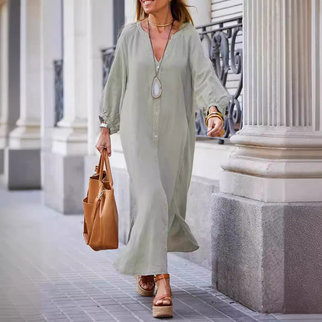 Dame Langeærmet Linnedress med Knapliste og Sidelommer Stilla