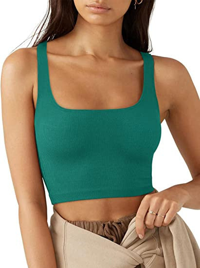 Dame cropped top med brede stropper og fint ribmønster Skovae