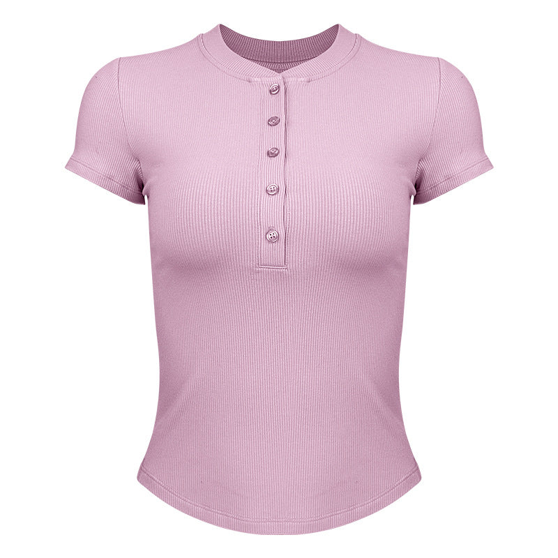 Dame moderne kortærmet Henley-shirt med knaplukning og fin ribstruktur Stilla