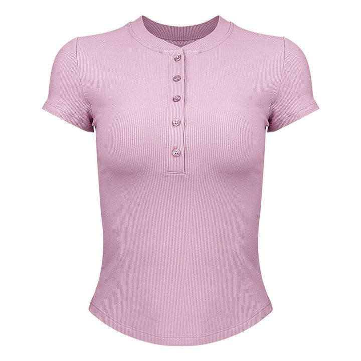 Dame moderne kortærmet Henley-shirt med knaplukning og fin ribstruktur Stilla