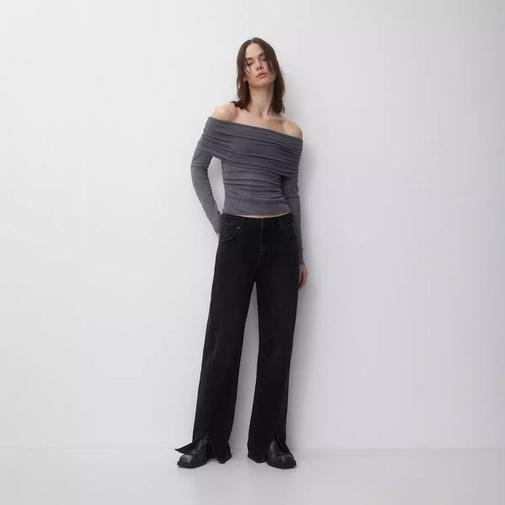 Dame Figurtilpasset Off-Shoulder Overdel med Rynk Stil