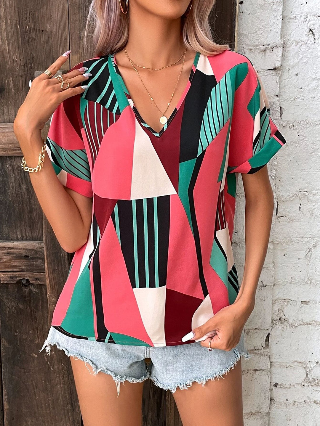 Dame Geometrisk Print V-Hals Top Stilla