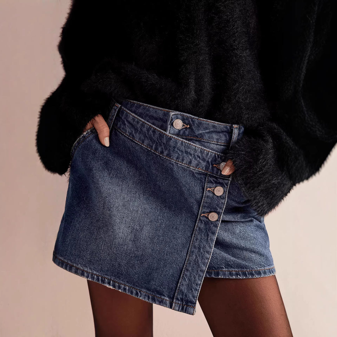 Dame mode A-linje denim nederdel med asymmetrisk knapdesign og praktiske lommer Skovae
