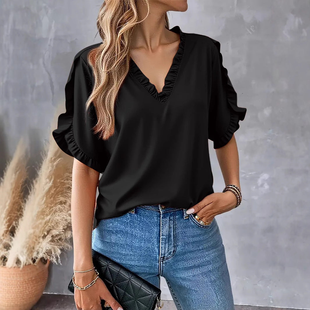Dame afslappet bluse med ruffles ærmer og V-hals Stilla