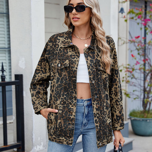 Dame Denim Skjortejakke i trendy Leo-design med afslappet snit Stilla