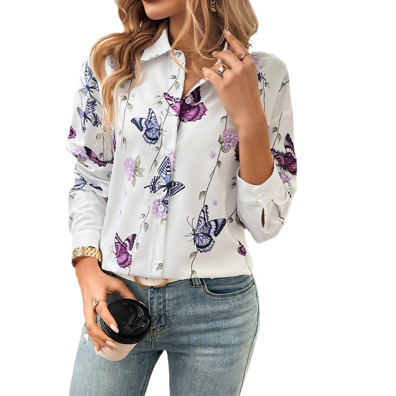 Dame Langærmet bluse med blomstertryk og elegante butterfly-applikationer Stilla