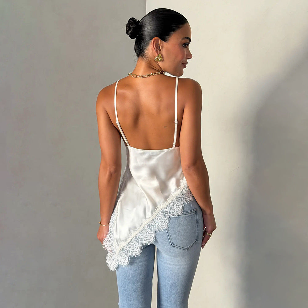 Dame satin top med spidse detaljer Skovae