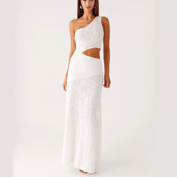 Damer Elegant Maxikjole med asymmetrisk snit og floral spidssyning Skovae
