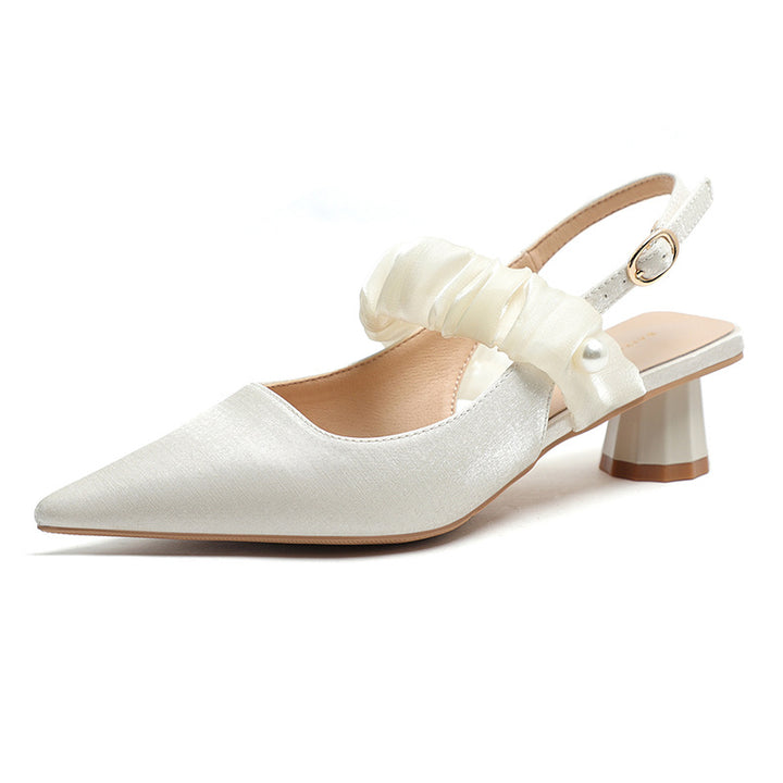 Kvinder Chic Spidse Tå Slingback Hæle med dekorativ Satin Flæse Stilla
