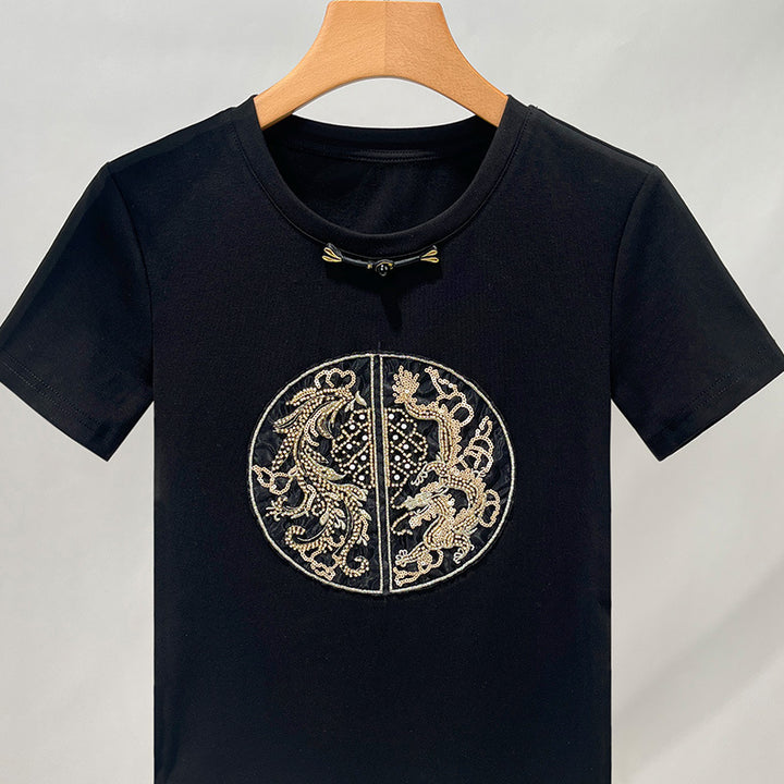 Dame T-shirt med kunstnerisk dragebroderi og elegant ståkrave Stilla