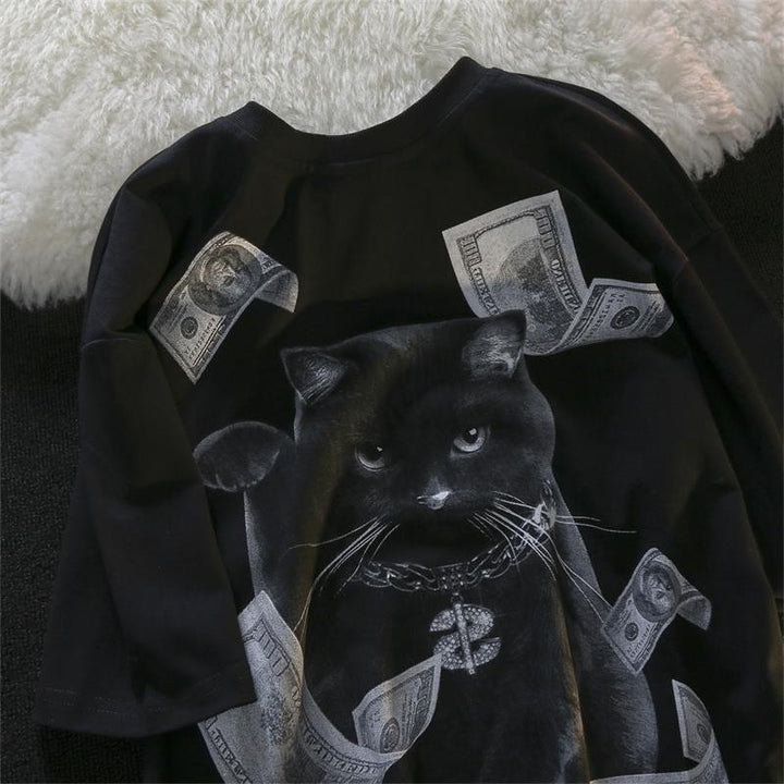 Dame T-shirt med kreativt kattemotiv og eksklusivt penge-design Stilla