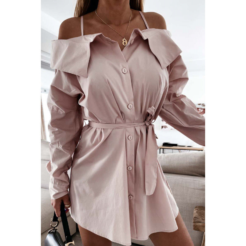 Dame Off-Shoulder Knappeløs Blusekjole med Knappet Talje