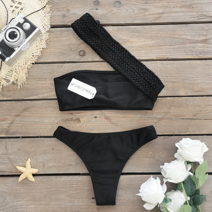 Dame Bandeau-bikini med flettet bæresystem og høj skæring Stilla