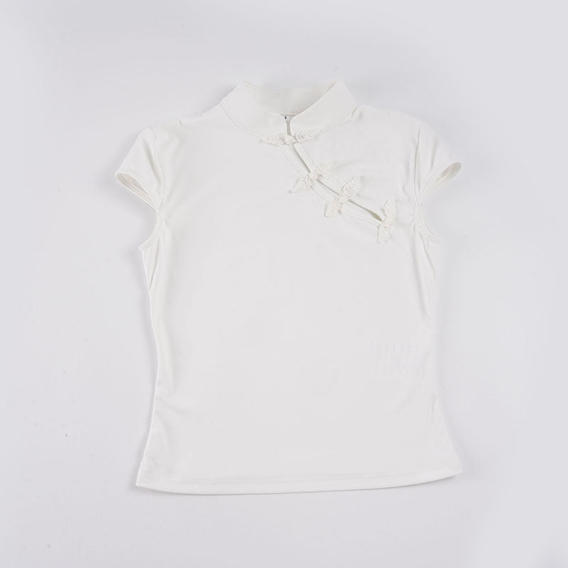Damen elegantes Kurzarm-Oberteil mit feinen Stickdetails Skovae