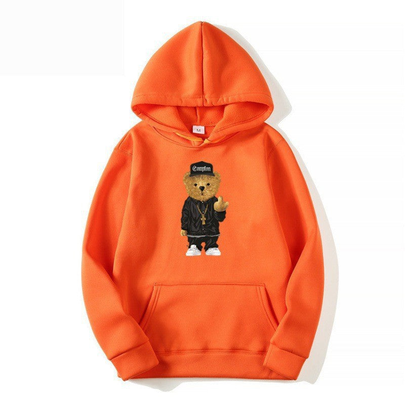Kvinders hoodie med kunstnerisk bjørnedesign og kængurulomme Skovae