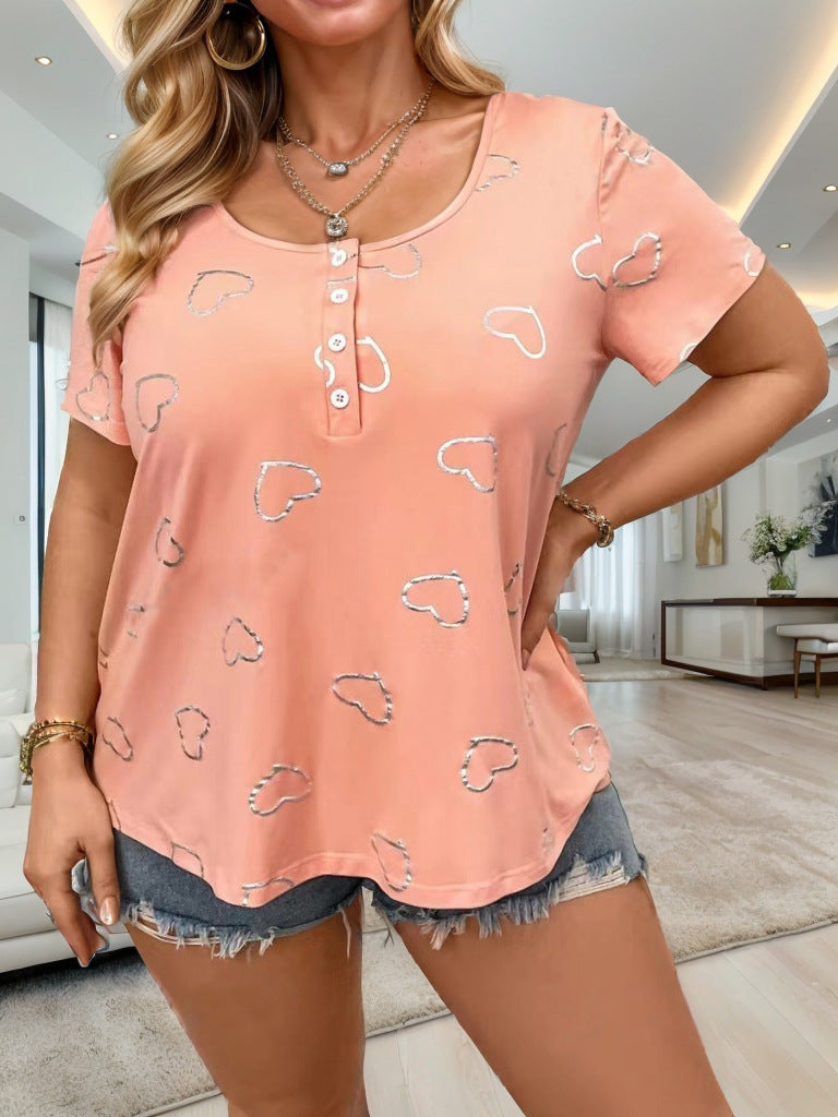 Dame T-shirt med hjerteapplikation og knapliste Stilla