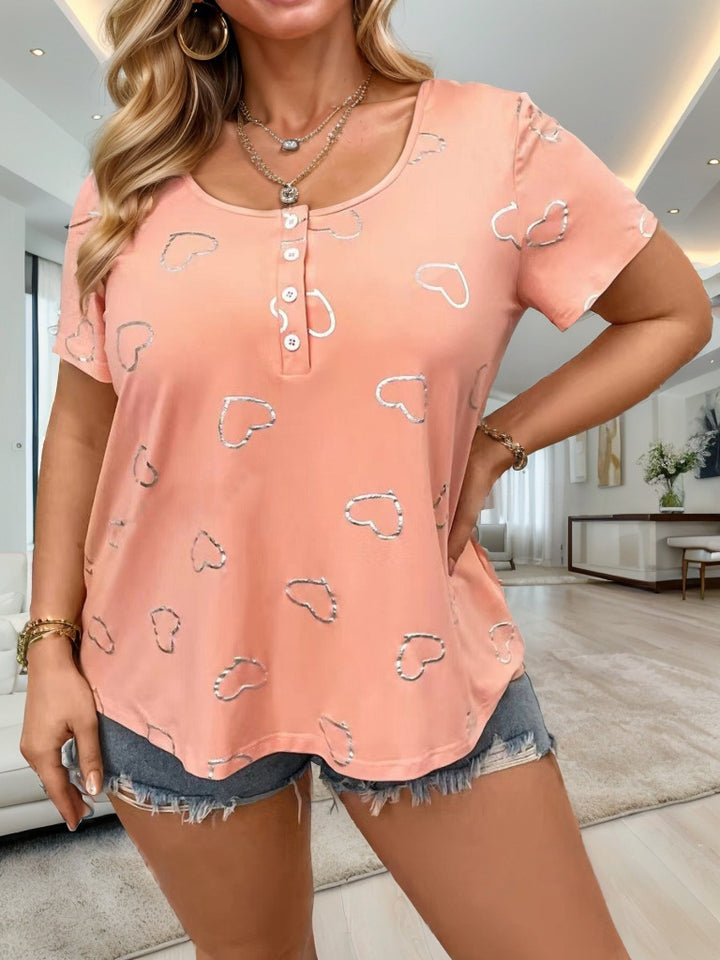Dame T-shirt med hjerteapplikation og knapliste Stilla