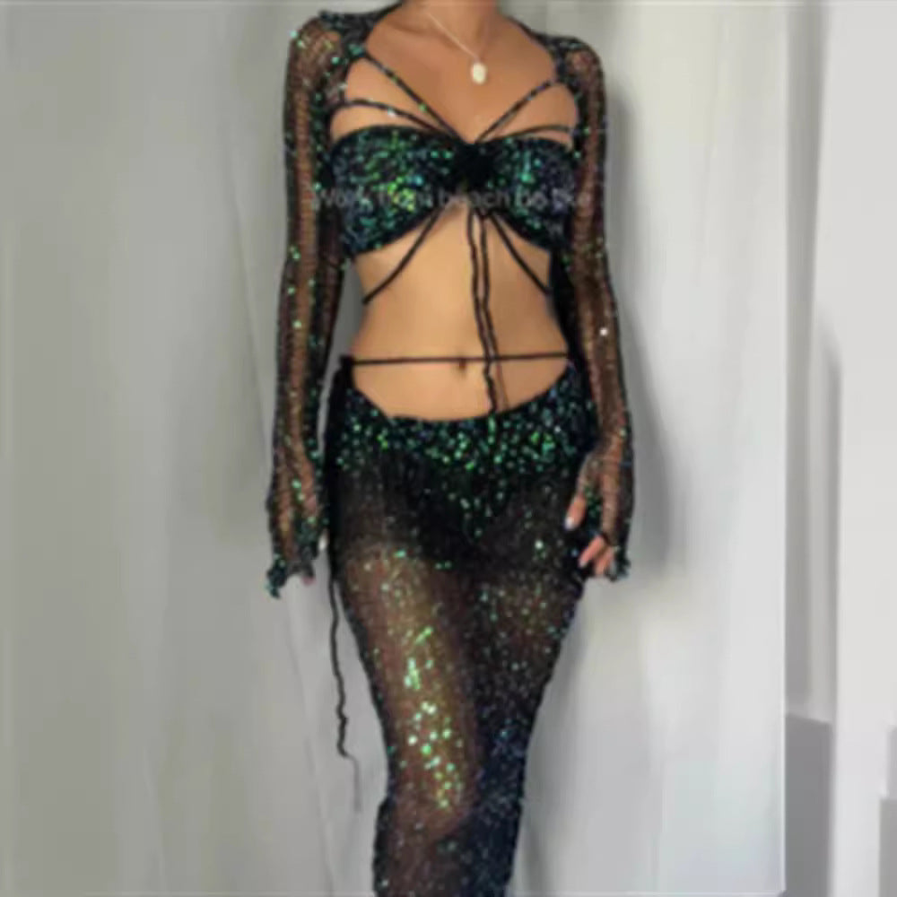 Dame glitrende netbukser med funkende perler og elegant design