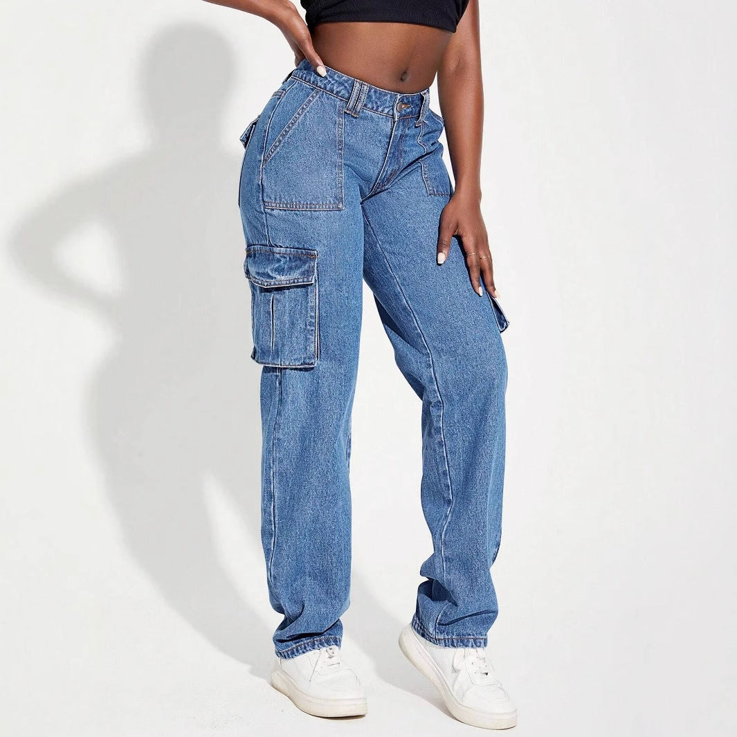 Dame cargo jeans med elastisk talje og innovativt design
