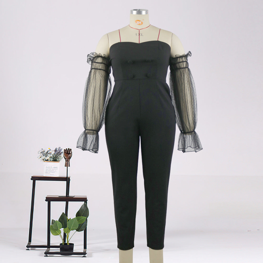 Dame elegant jumpsuit med transparente pufærmer Skovae