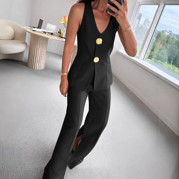 Dame elegant jumpsuit med front knaplukning og bred ben Skovae